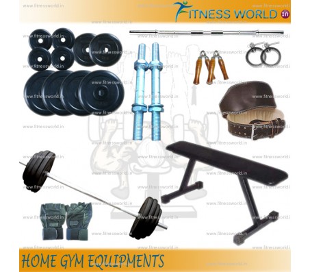 24 Kg Adjustable Home Gym Package, Rubber plates + Flat bench + 3 Rods + Gloves + Belt + Gripper